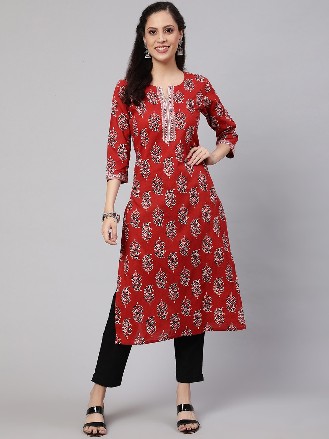 

Nayo Women Maroon Ethnic Motifs Printed Flared Sleeves Mirror Work Kurta