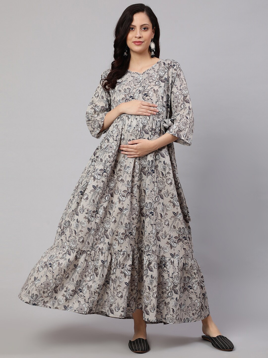 

Nayo Ethnic Motifs Print Bell Sleeve Maternity & Feeding Maxi Dress, Grey