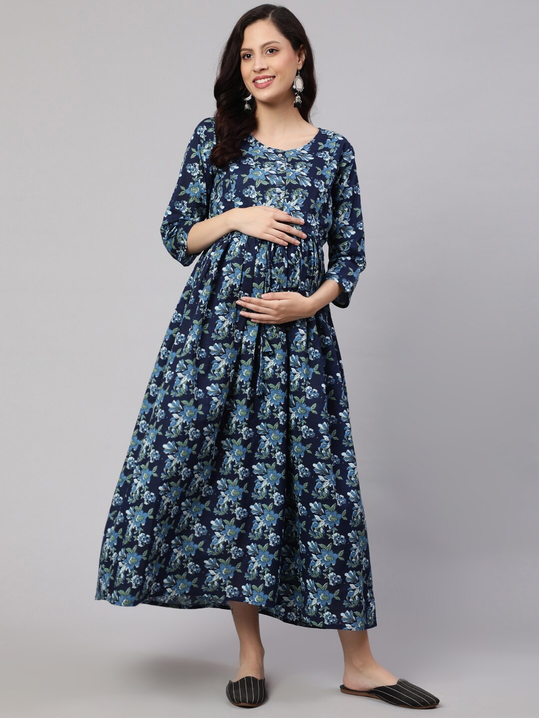 

Nayo Floral Print Maternity & Feeding Empire Midi Dress, Blue