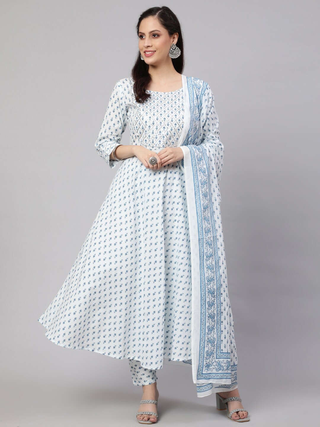 

Nayo Ethnic Motifs Printed Pure Cotton Kurta With Trousers & Dupatta, Off white