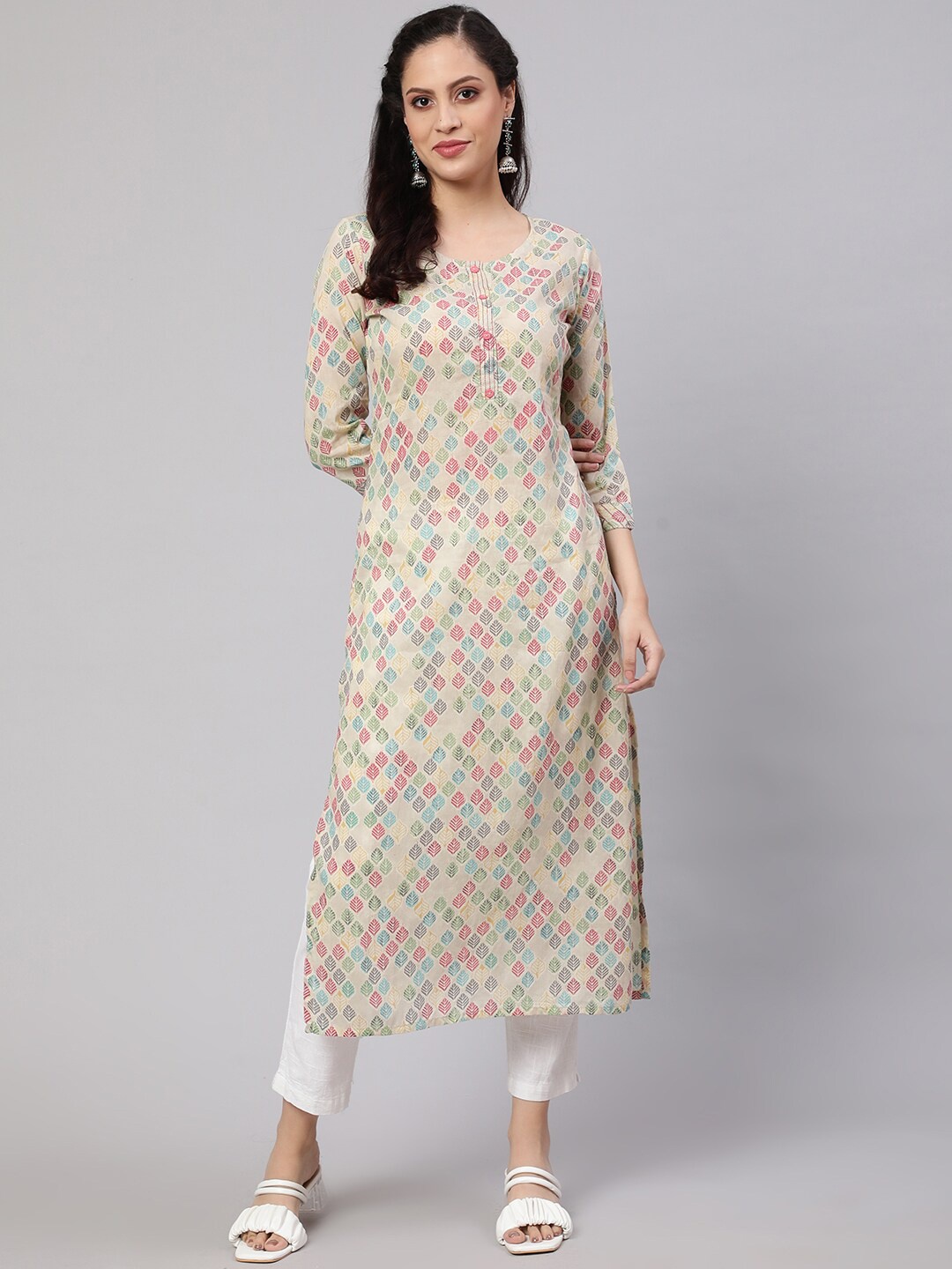 

Nayo Ikat Printed Three Straight Pure Cotton Kurta, Cream