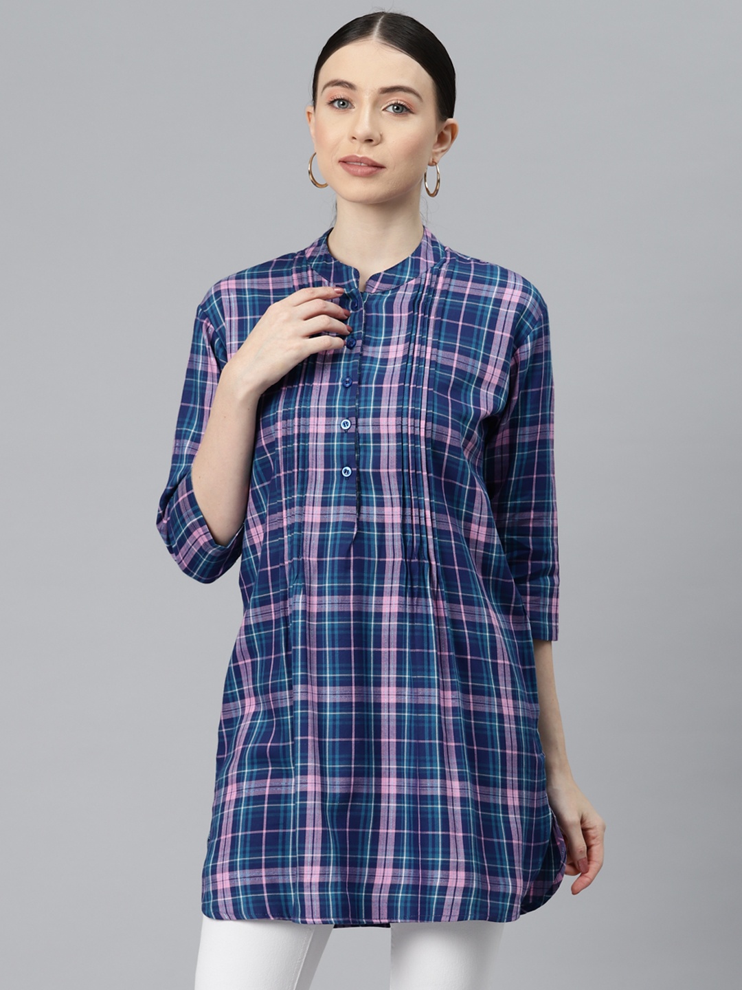 

One Femme Mandarin Collar Accordian Pleated Checked Cotton Tunic, Blue
