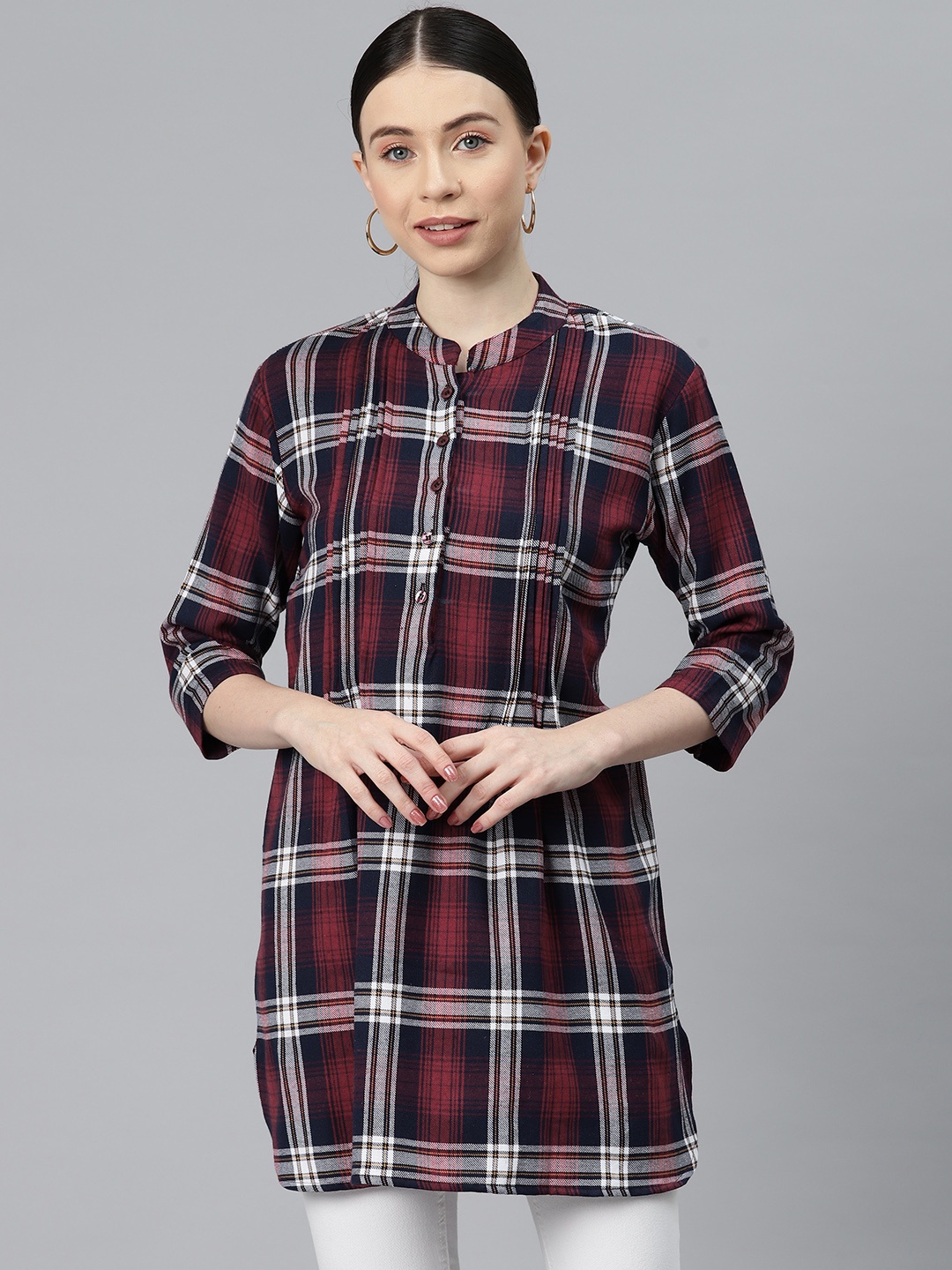 

One Femme Mandarin Collar Checked Accordian Pleated Cotton Tunic, Maroon