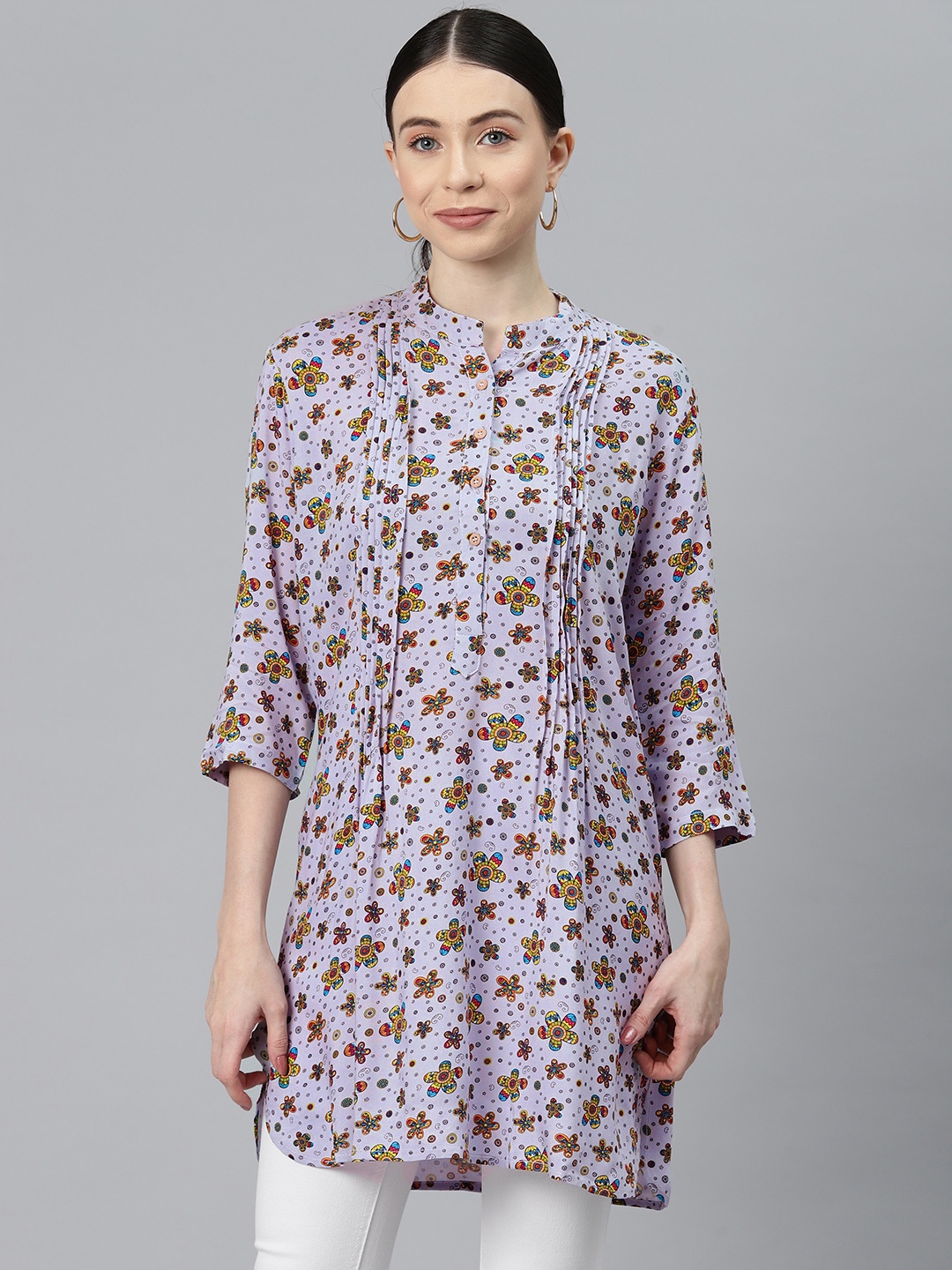 

One Femme Floral Printed Accordian Pleated Tunic, Grey