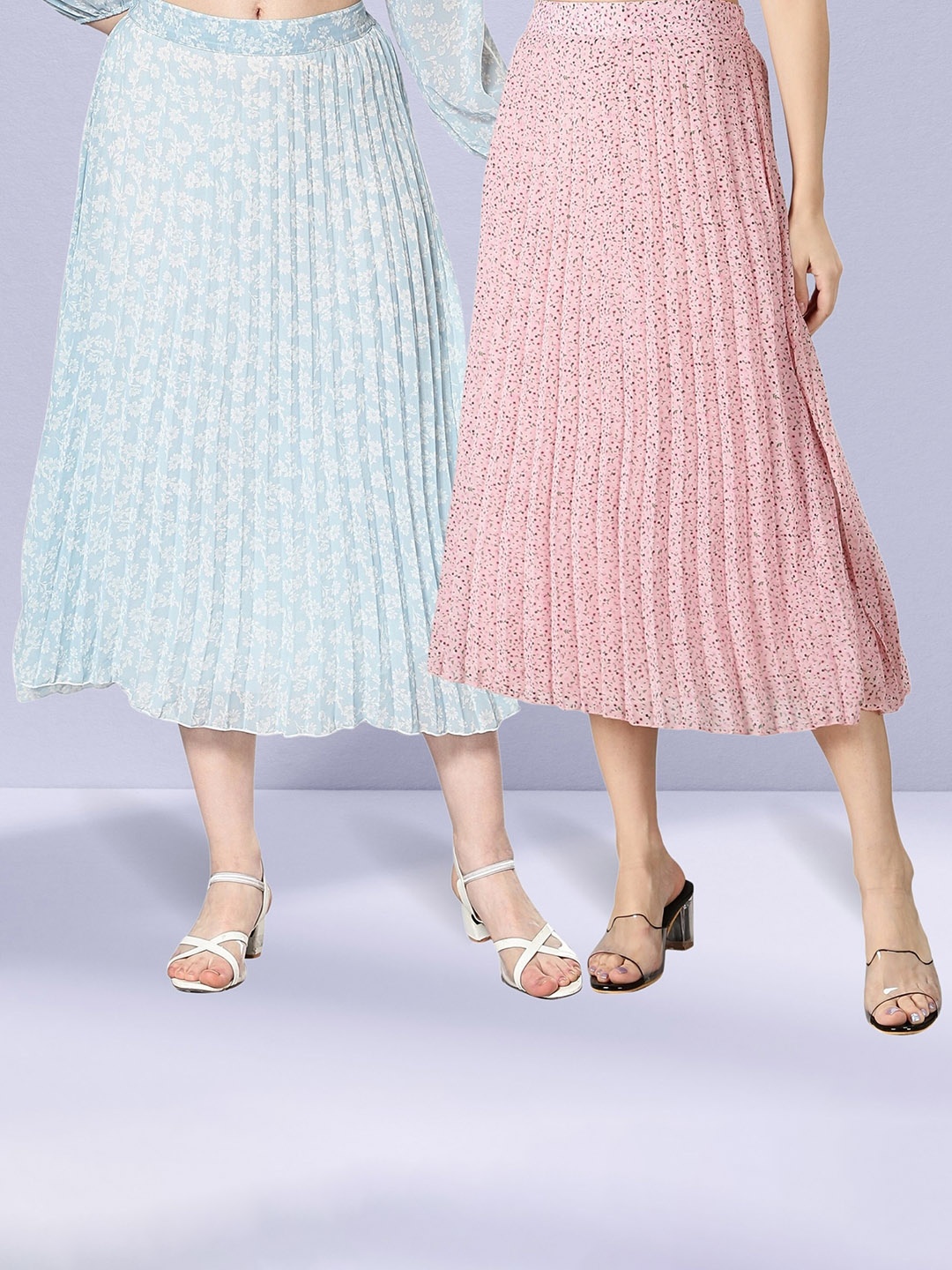 

NUEVOSDAMAS Pack Of 2 Floral Printed Georgette Midi Skirts, Pink