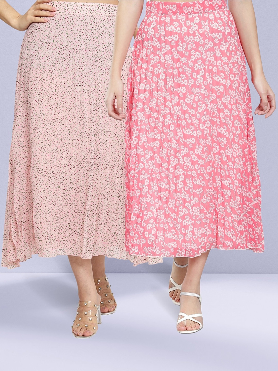 NUEVOSDAMAS Pack Of 2 Floral Printed A-Line Midi Skirts, Pink