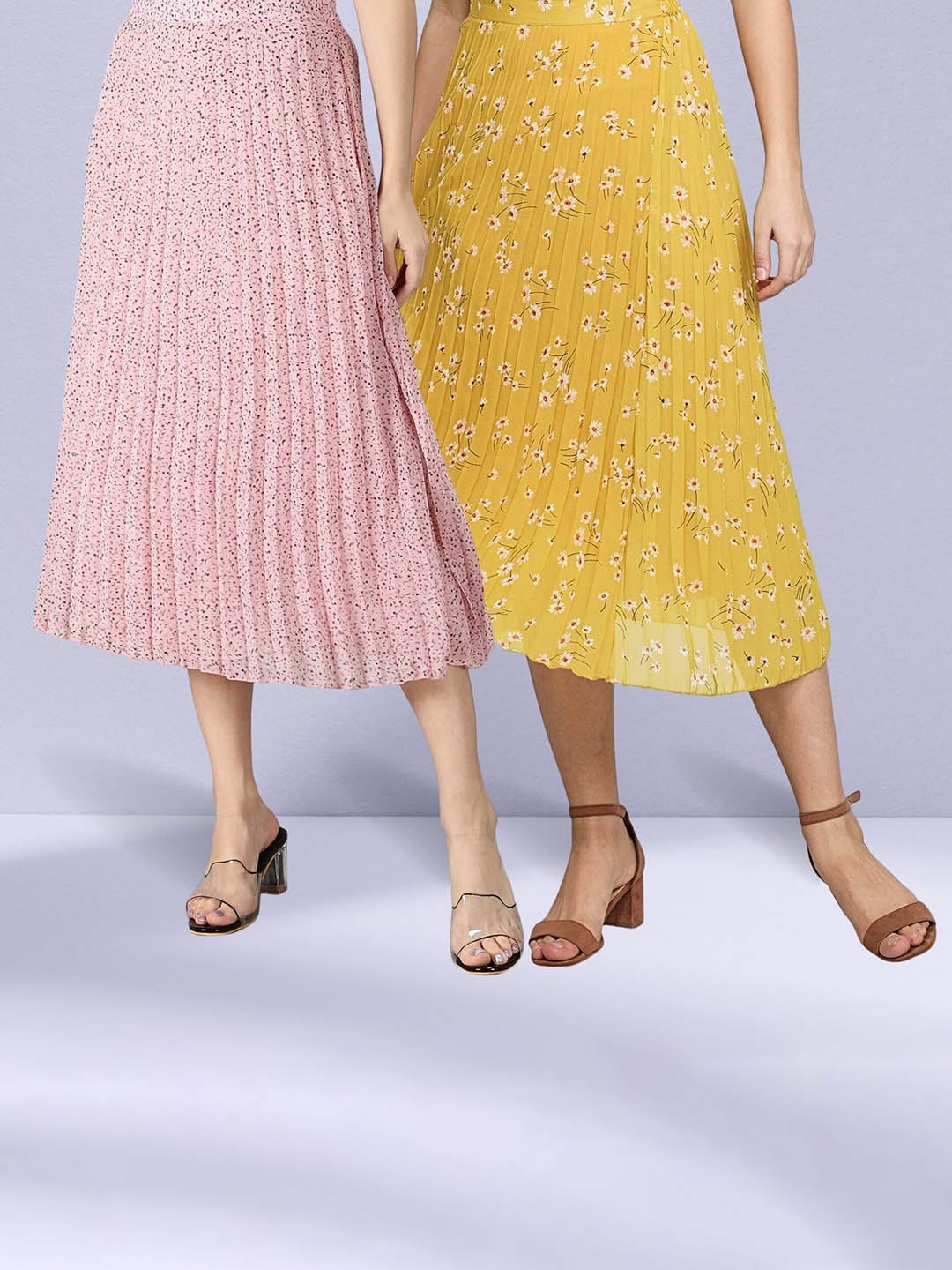 

NUEVOSDAMAS Pack of 2 Floral Printed Georgette Midi Skirts, Pink
