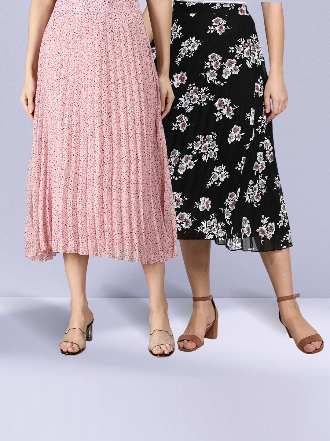

NUEVOSDAMAS Pack Of 2 Floral Printed Georgette Midi Skirts, Pink