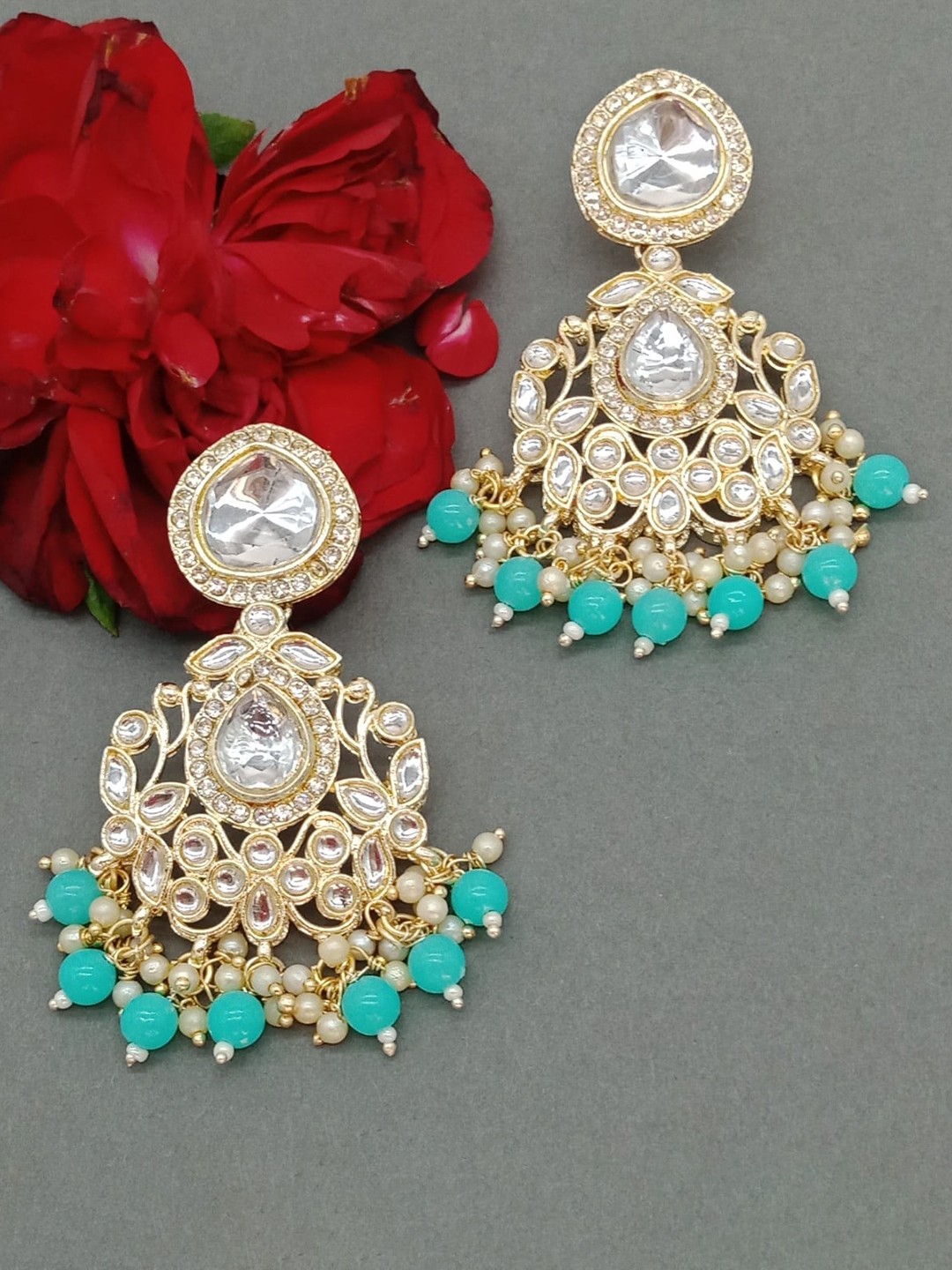 

AASHISH IMITATION Gold-Plated Contemporary Kundan Studded & Beaded Drop Earrings