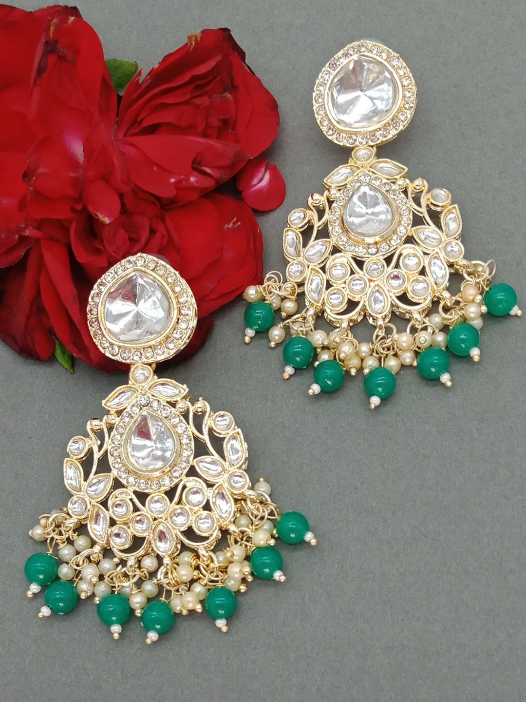 

AASHISH IMITATION Gold Plated Contemporary Kundan Studded & Beaded Drop Earrings