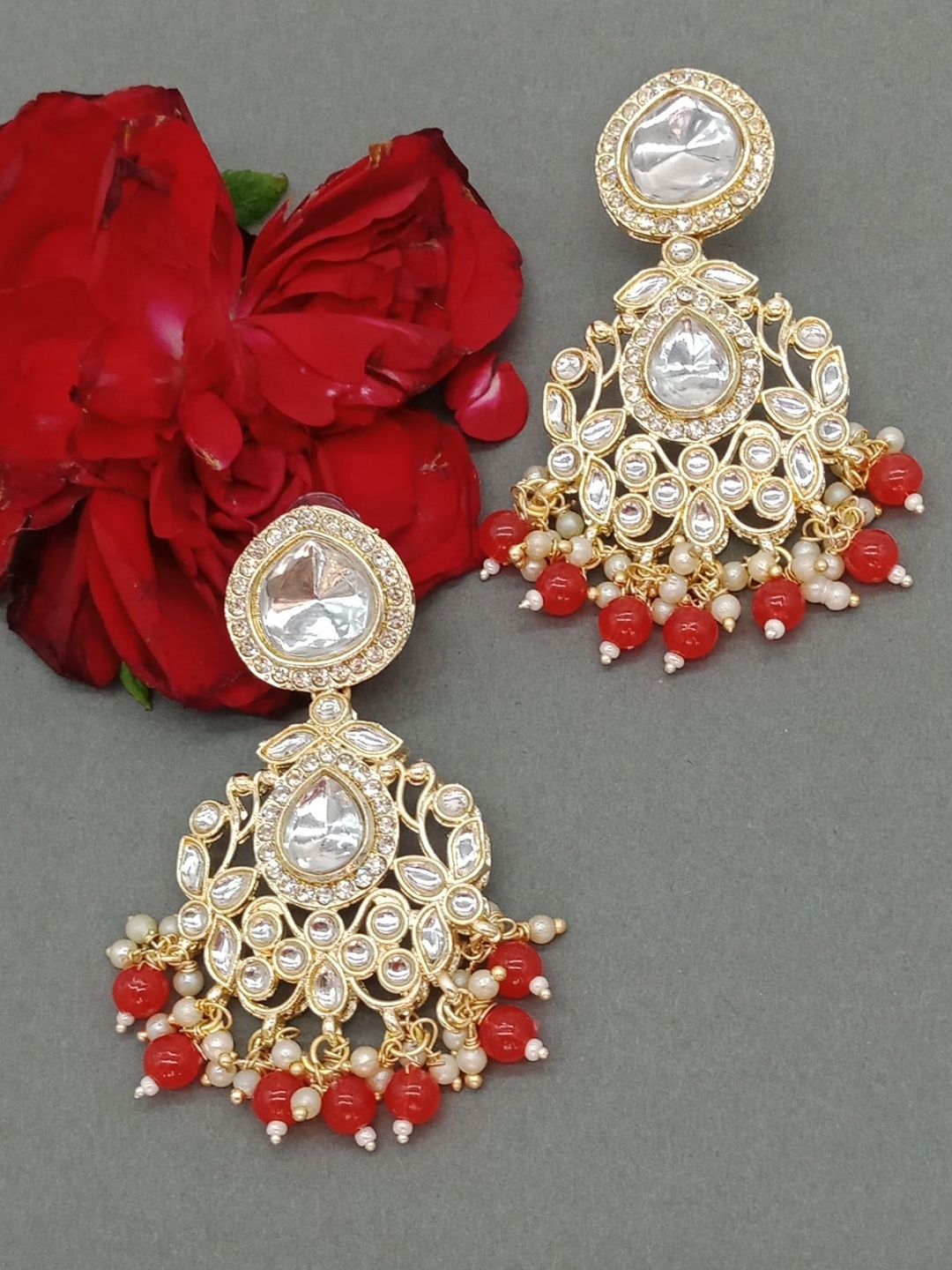 

AASHISH IMITATION Gold-Plated Contemporary Drop Earrings, Red