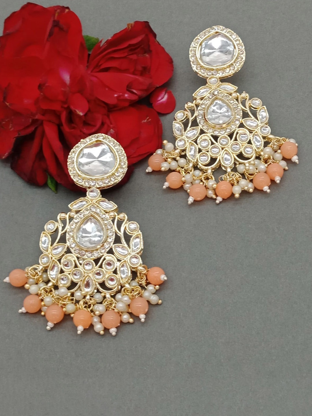 

AASHISH IMITATION Gold-Plated Kundan Studded & Pearls Beaded Drop Earrings, Peach