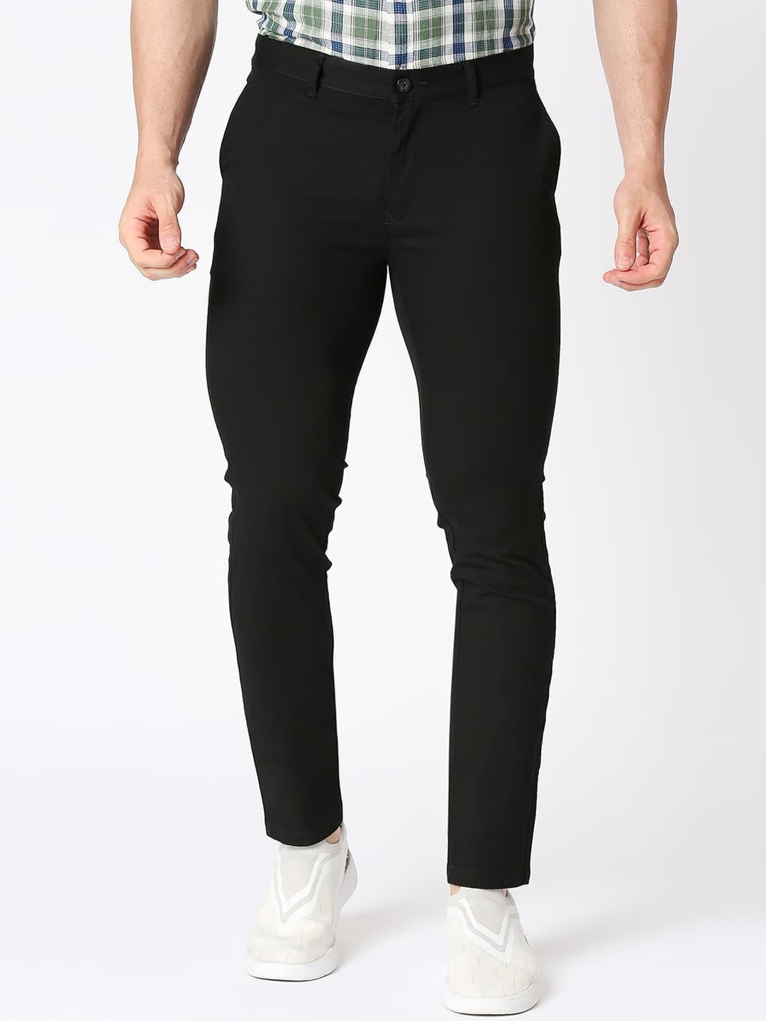 

Basics Men Skinny Fit Mid-Rise Plain Cotton Trousers, Black