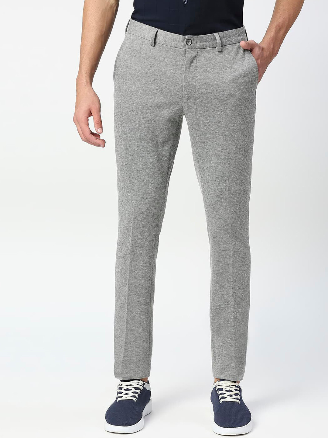 

Basics Men Tapered Fit Mid-Rise Cotton Trousers, Grey