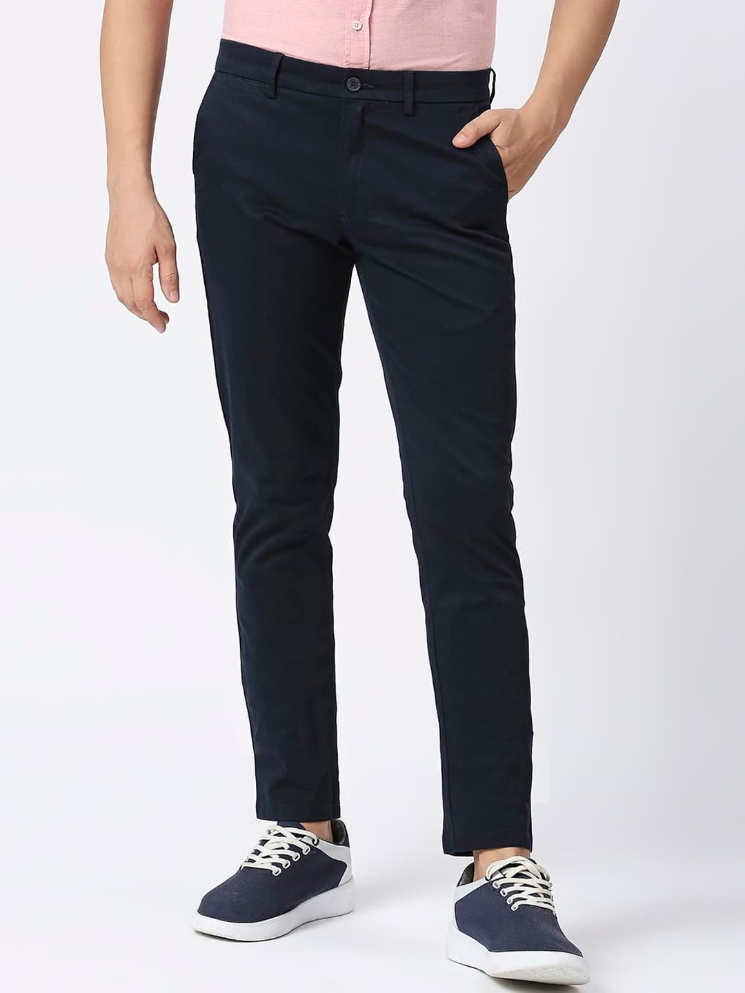 

Basics Men Mid Rise Tapered Fit Cotton Chinos Trousers, Navy blue