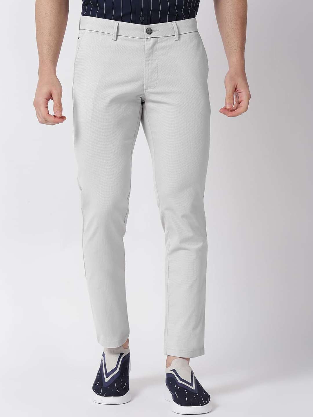 

Basics Men Mid Rise Skinny Fit Textured Self Design Cotton Chinos Trousers, Grey