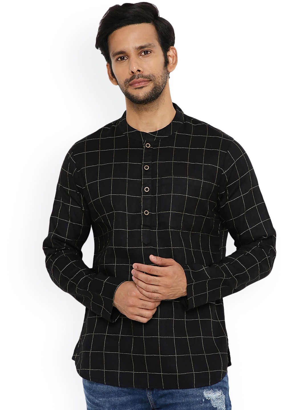 

Be Desi Checked Band Collar Kurta, Black