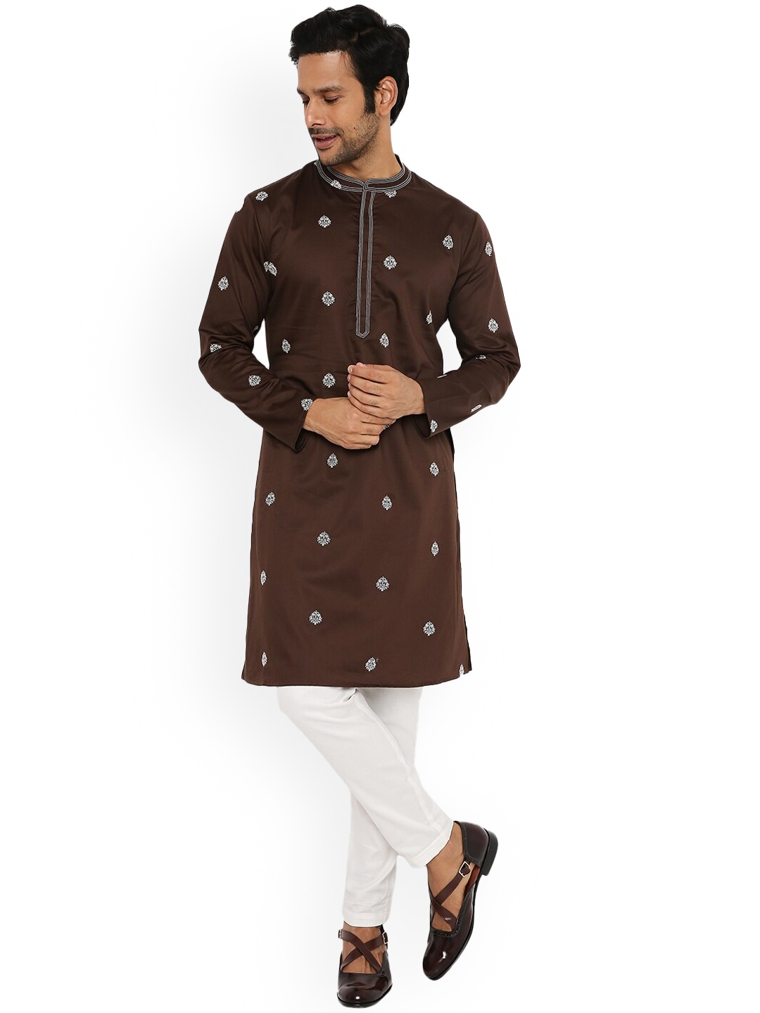 

Be Desi Floral Embroidered Straight Cotton Silk Kurta, Brown