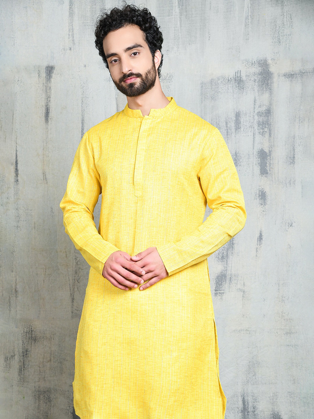 

Be Desi Striped Mandarin Collar Straight Pure Cotton Kurta, Yellow