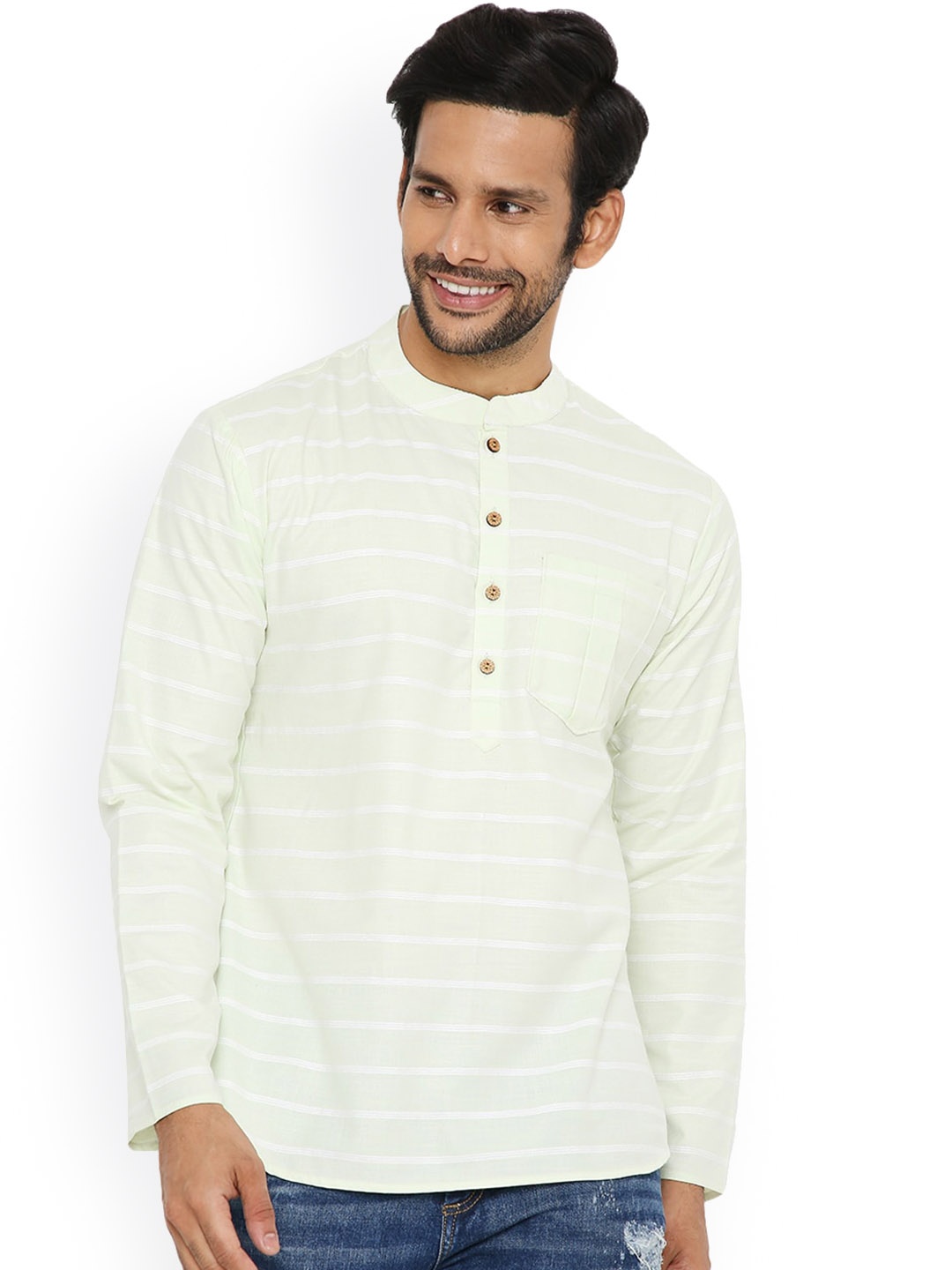 

Be Desi Striped Band Collar Pure Cotton Kurta, Green