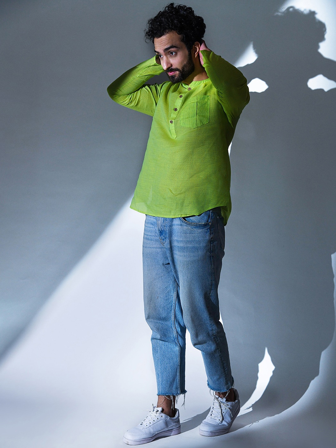 

Be Desi Striped Band Collar Pure Cotton Kurta, Green