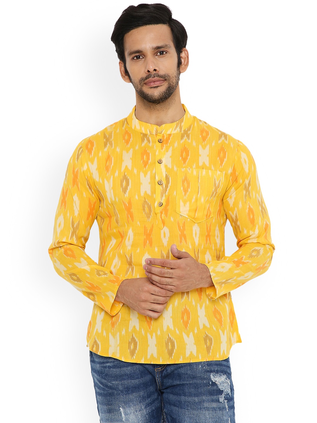 

Be Desi Men Yellow Printed Thread Work Kurta