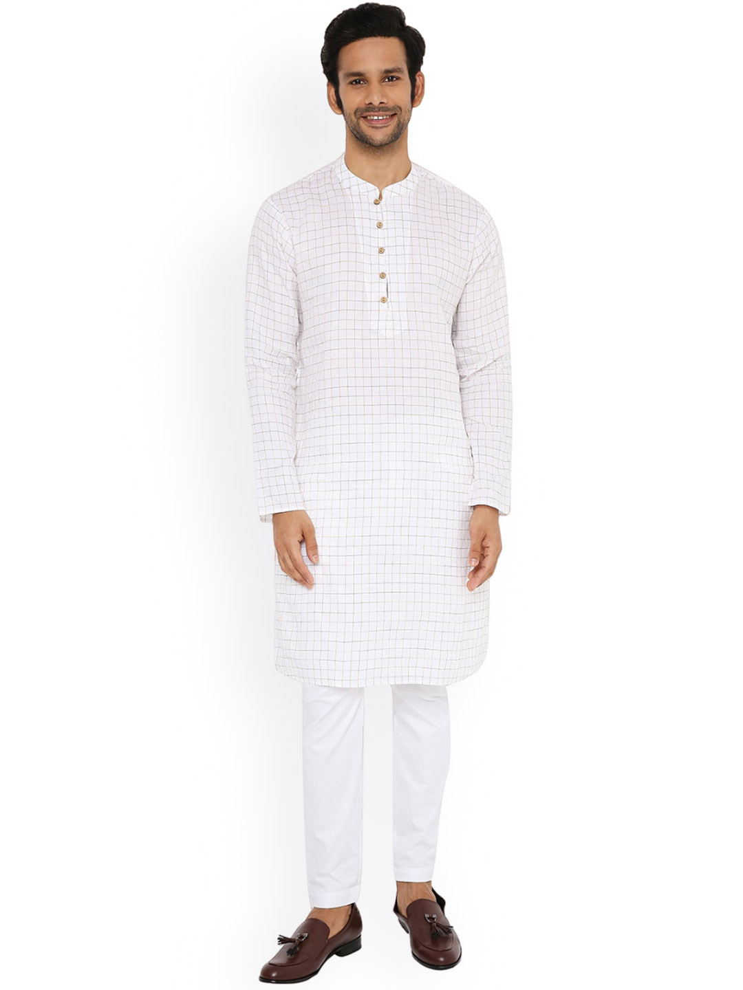 

Be Desi Checked Straight Pure Cotton Kurta, White