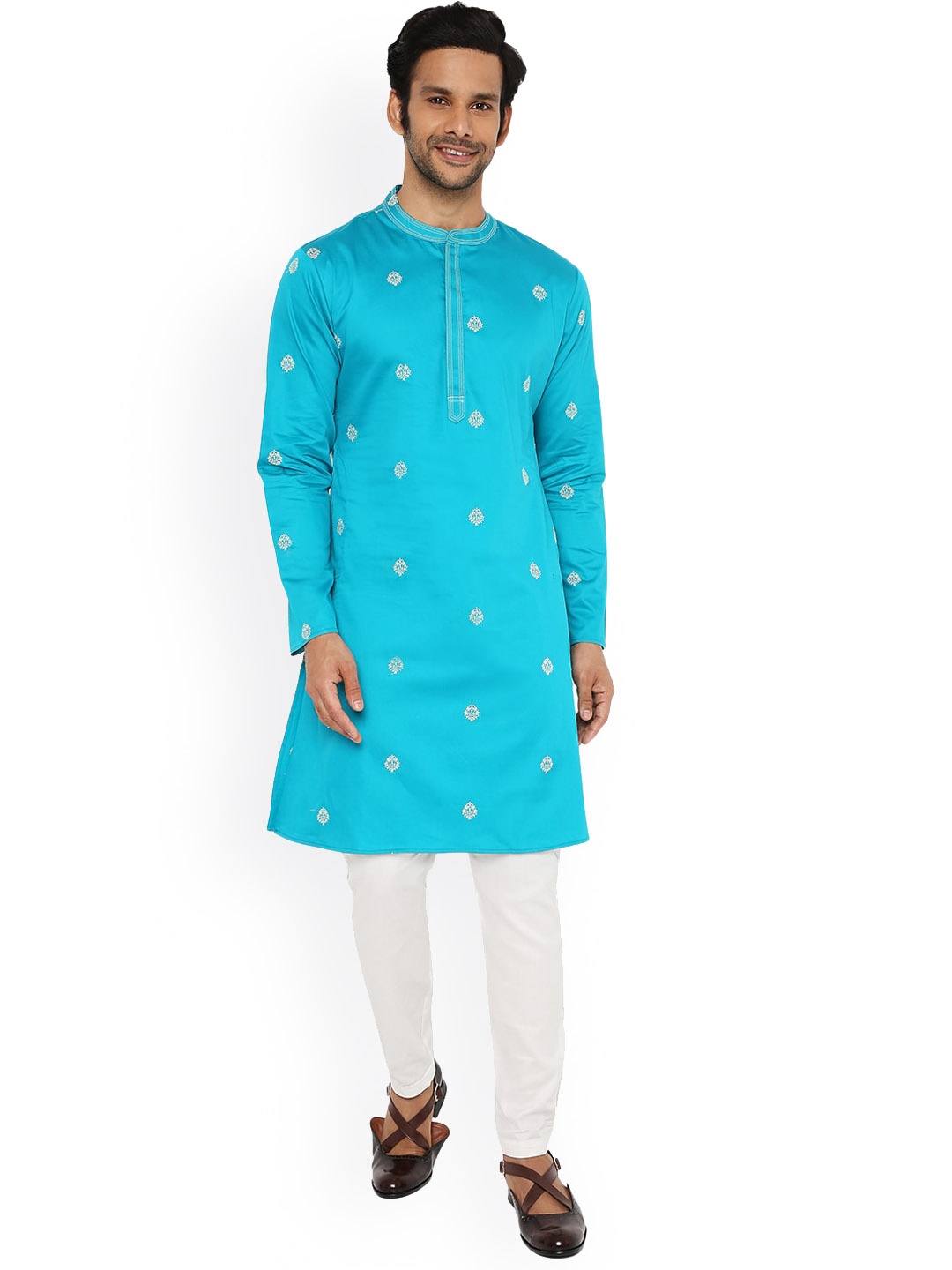 

Be Desi Ethnic Motifs Embroidered Mandarin Collar Straight Kurta, Turquoise blue