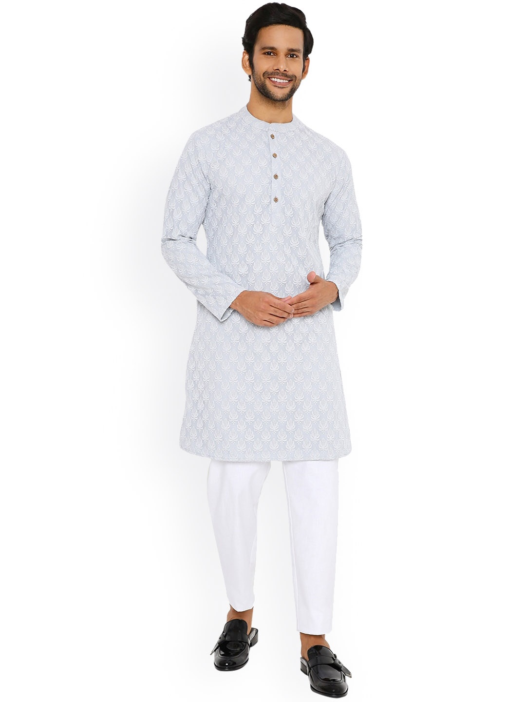 

Be Desi Floral Embroidered Mandarin Collar Georgette Straight Kurta, Grey