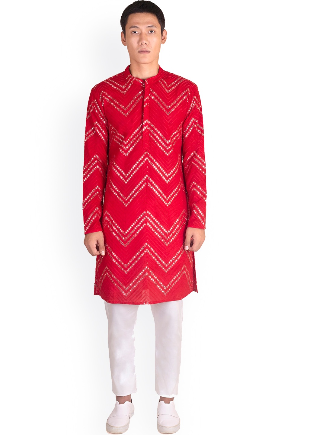 

Be Desi Mirror Work Embellished Mandarin Collar Straight Kurta, Red