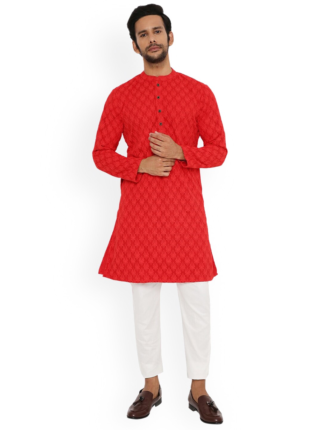 

Be Desi Ethnic Motifs Embroidered Mandarin Collar Straight Kurta, Red