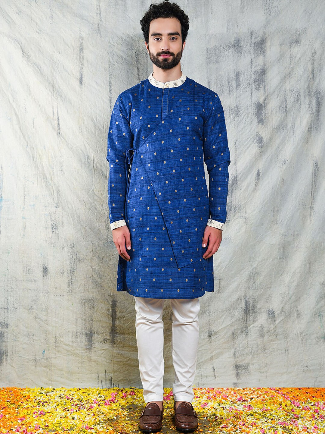 

Be Desi Ethnic Motifs Woven Design Band Collar Cotton Kurta, Navy blue