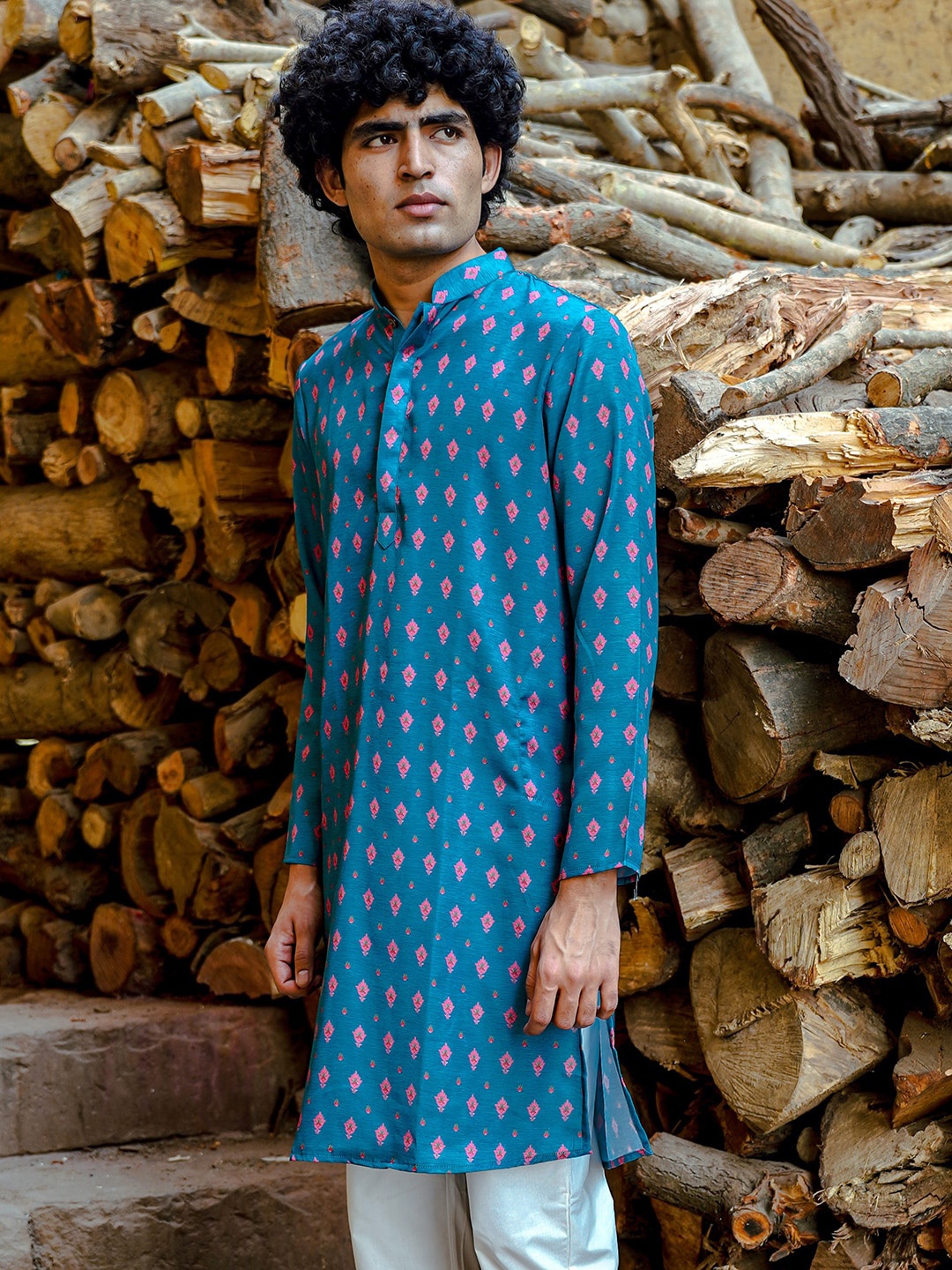 

Be Desi Ethnic Motifs Printed Mandarin Collar Kurta, Turquoise blue