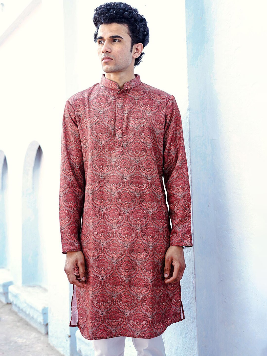 

Be Desi Mandarin Collar Dobby Modal Straight Kurta, Brown