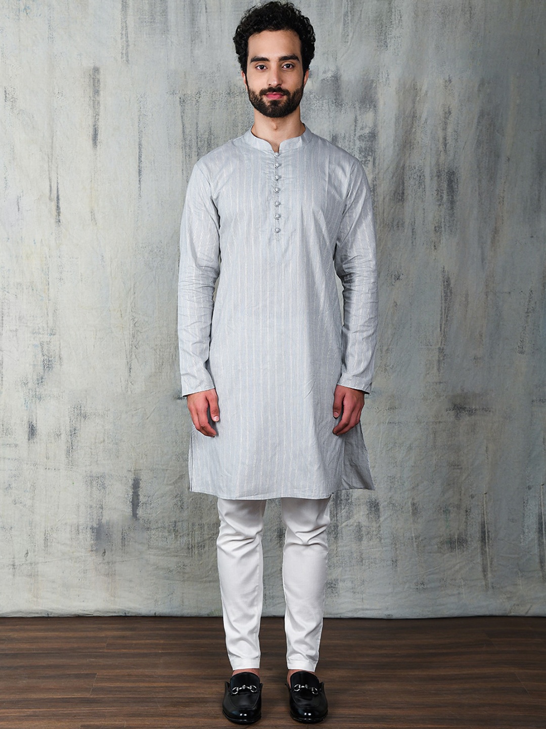 

Be Desi Striped Mandarin Collar Straight Kurta, Grey