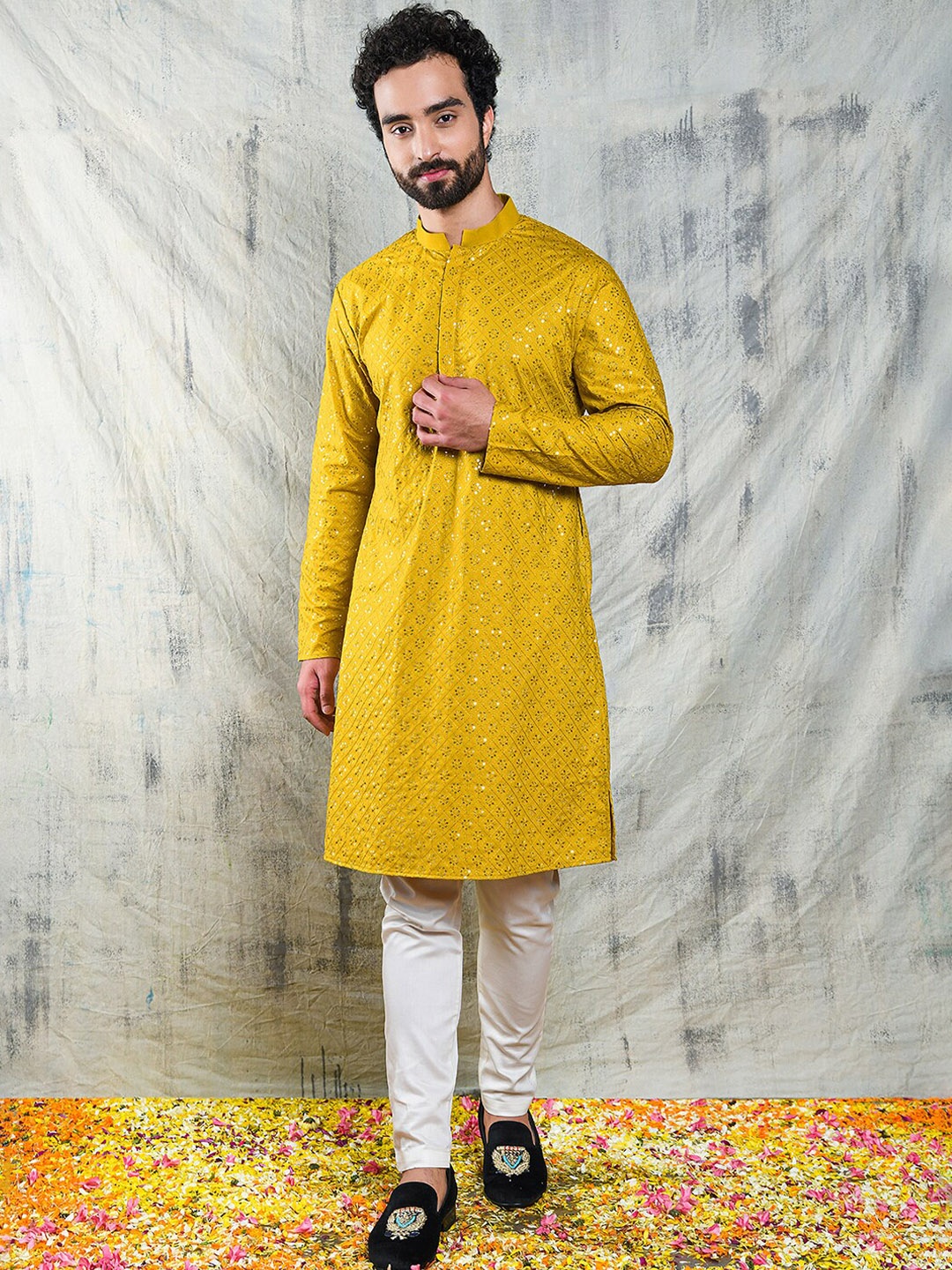 

Be Desi Ethnic Motifs Embellished Mandarin Collar Cotton Kurta, Mustard