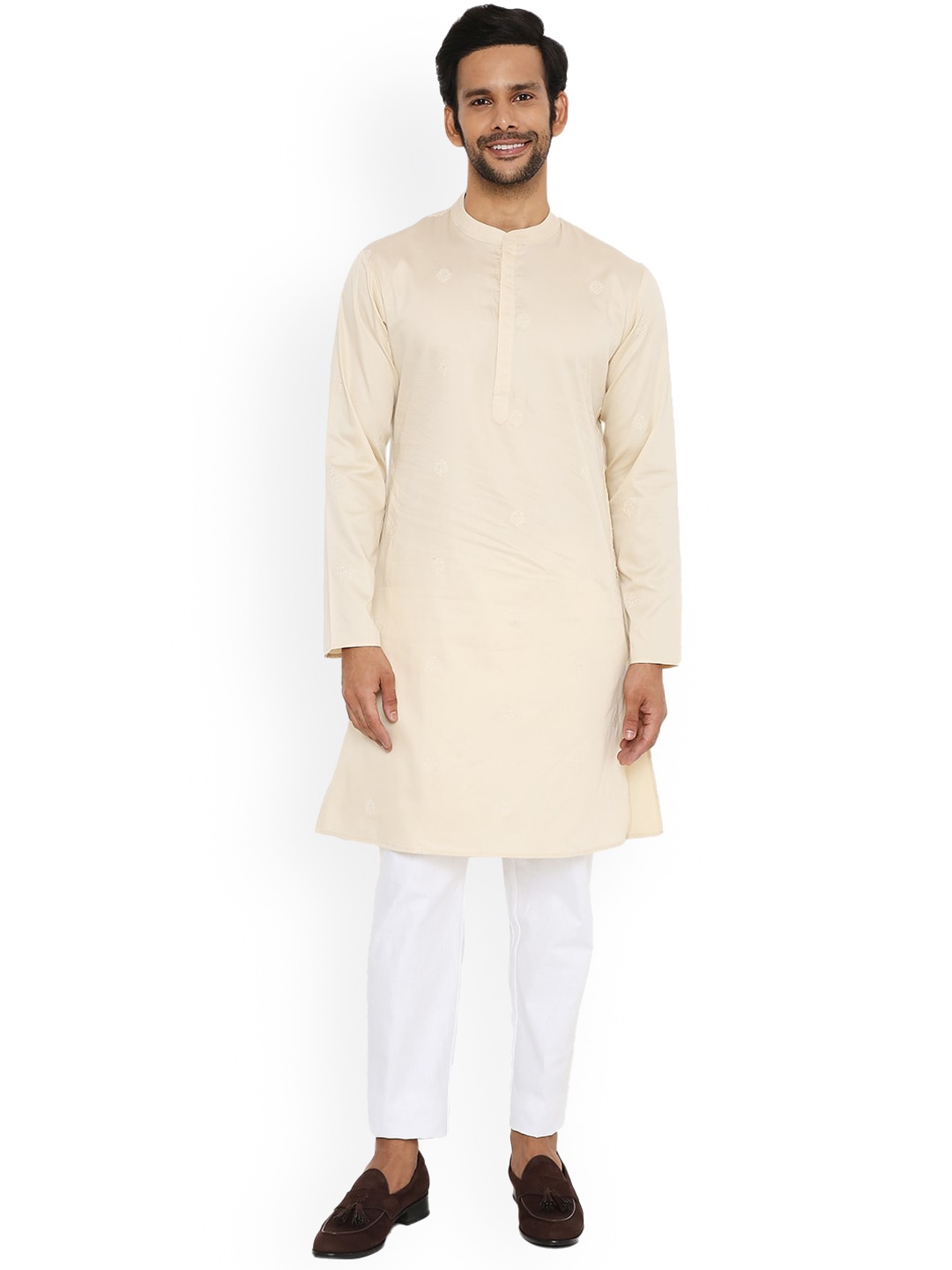 

Be Desi Band Collar Long Sleeves Floral Embroidered Detail Kurta, Cream