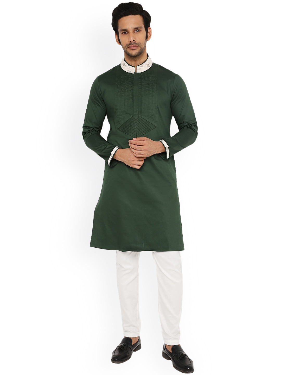 

Be Desi Mandarin Collar Straight Cotton Silk Kurta, Green