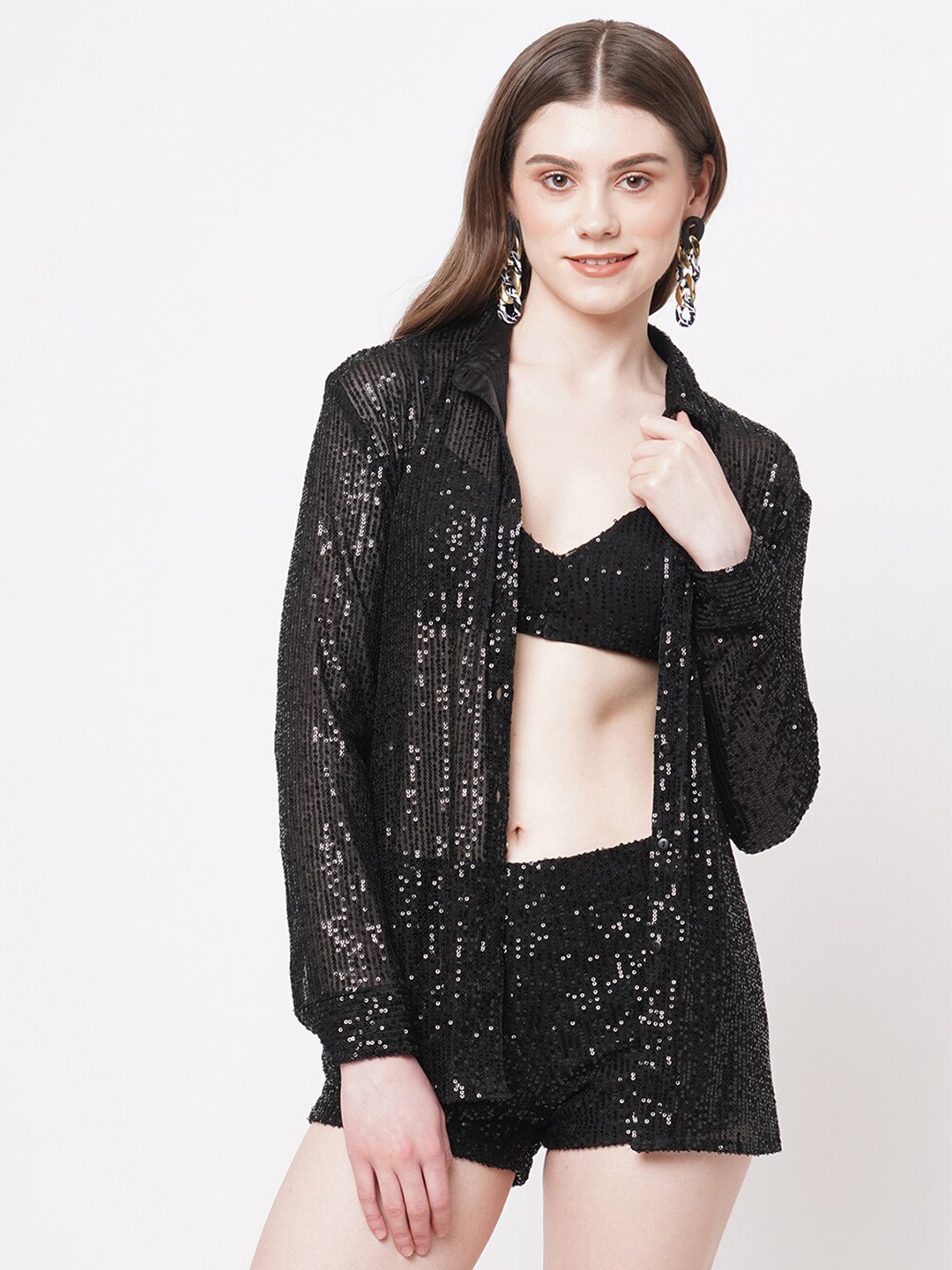 

Ashtag Embellished Sequinned Bralette Crop Top, Black