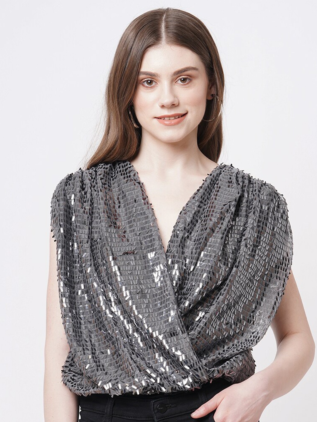 

Ashtag Embellished Sequinned Wrap Top, Grey