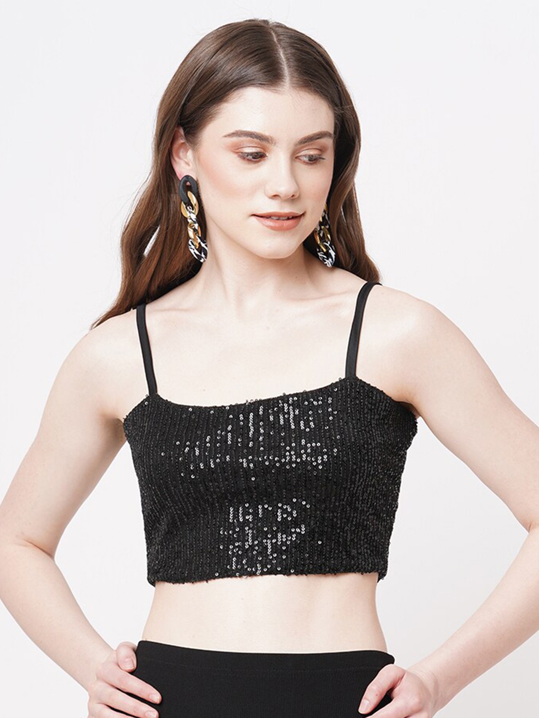 

Ashtag Embellished Sequinned Bralette Crop Top, Black