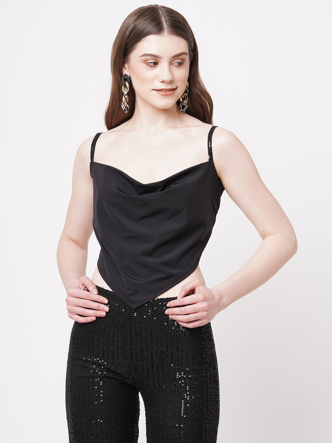 

Ashtag Cowl Neck Shoulder Straps Regular Top, Black
