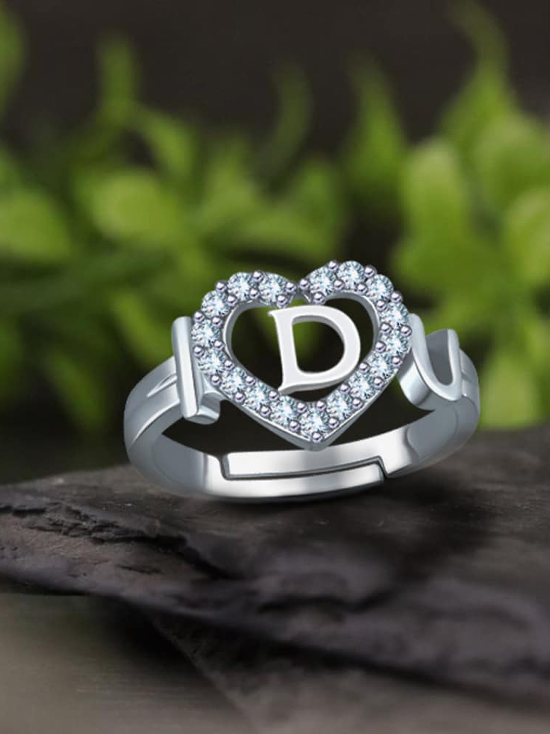 

MEENAZ Silver-Plated AD-Studded Alphabet D Adjustable Finger Ring