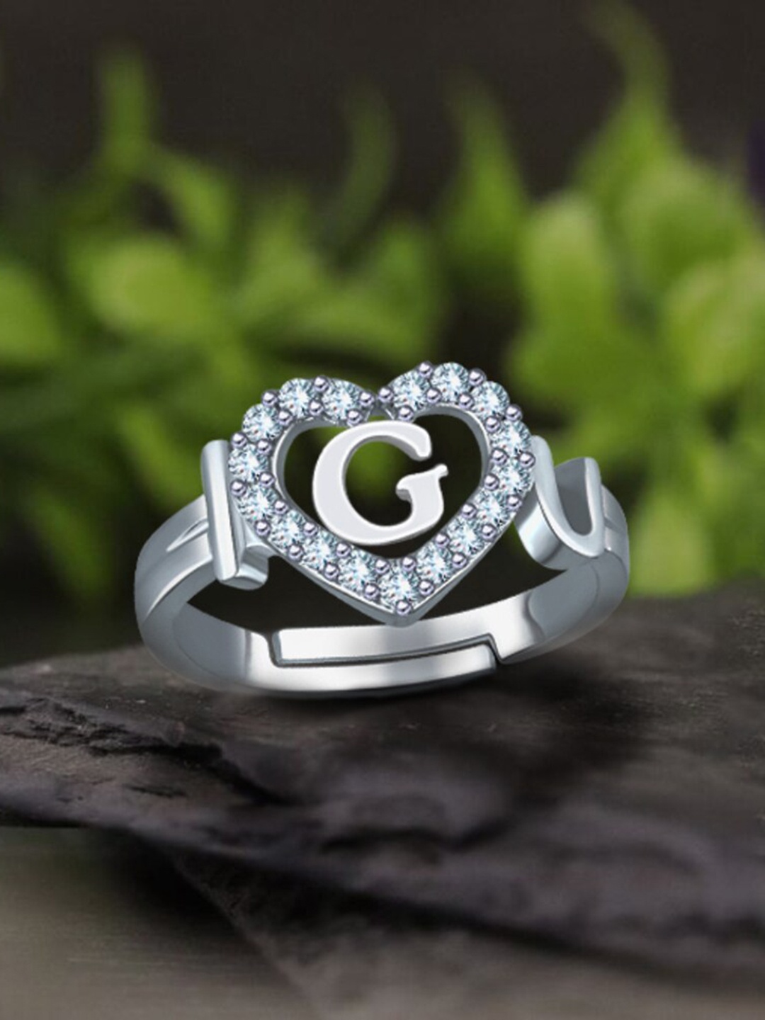 

MEENAZ Silver-Plated AD-Studded Alphabet G Adjustable AD-Studded Finger Ring