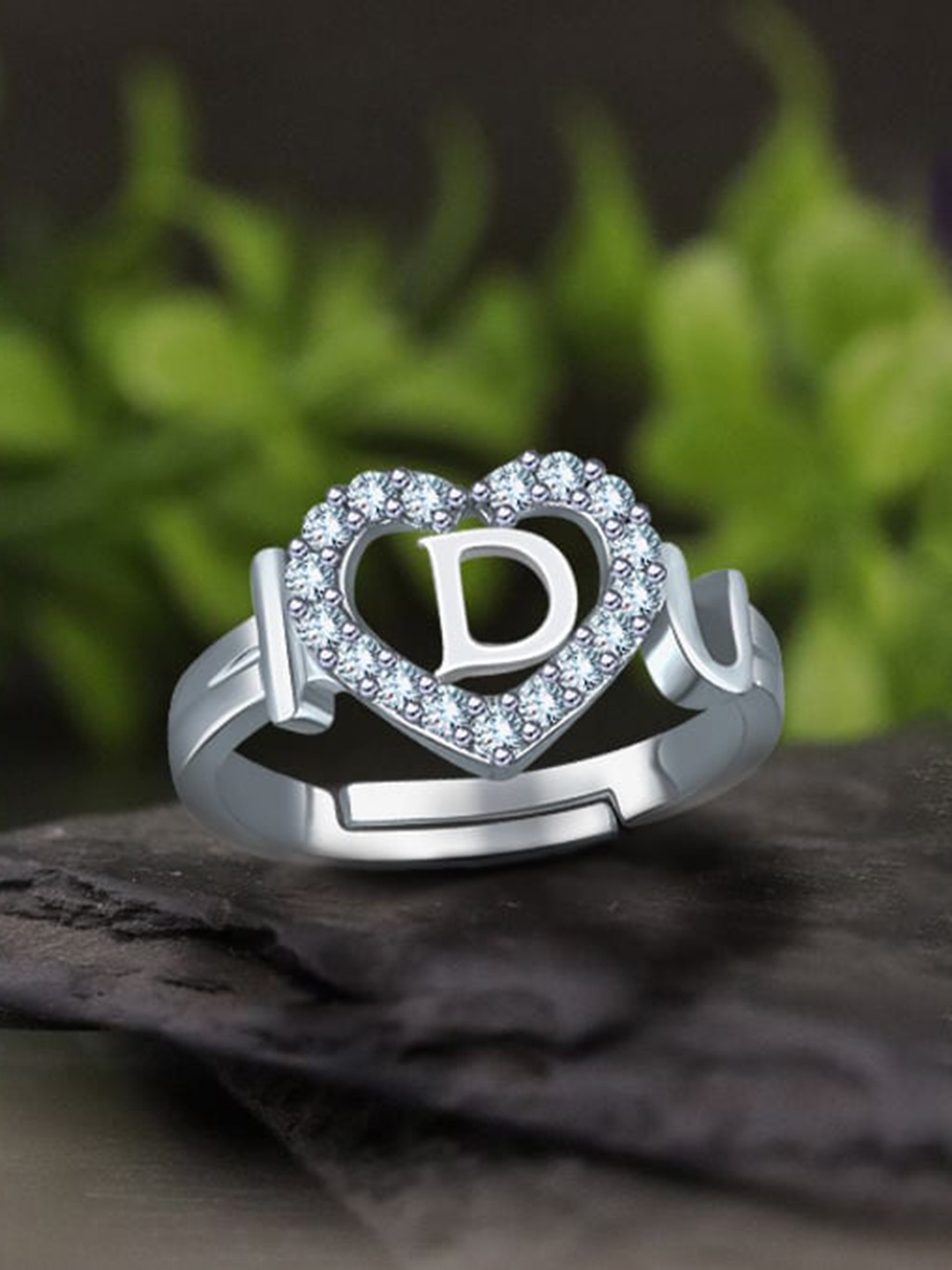 

MEENAZ Silver-Plated AD-Studded Alphabet D Adjustable Finger Ring