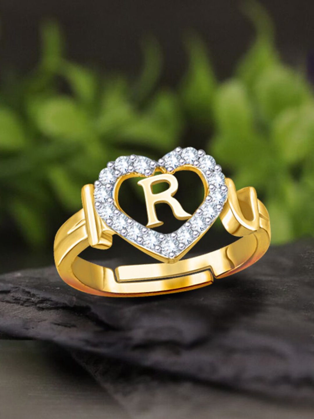 

MEENAZ Gold-Plated AD-Studded Alphabet R Adjustable Finger Ring