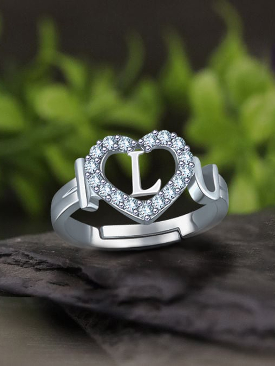 

MEENAZ Silver-Plated AD-Studded Alphabet L Adjustable Finger Ring