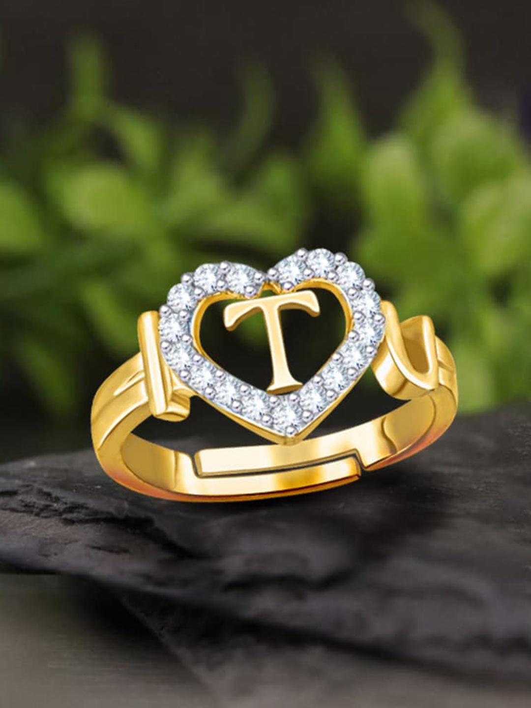 

MEENAZ Gold-Plated AD-Studded Alphabet T Adjustable Finger Ring