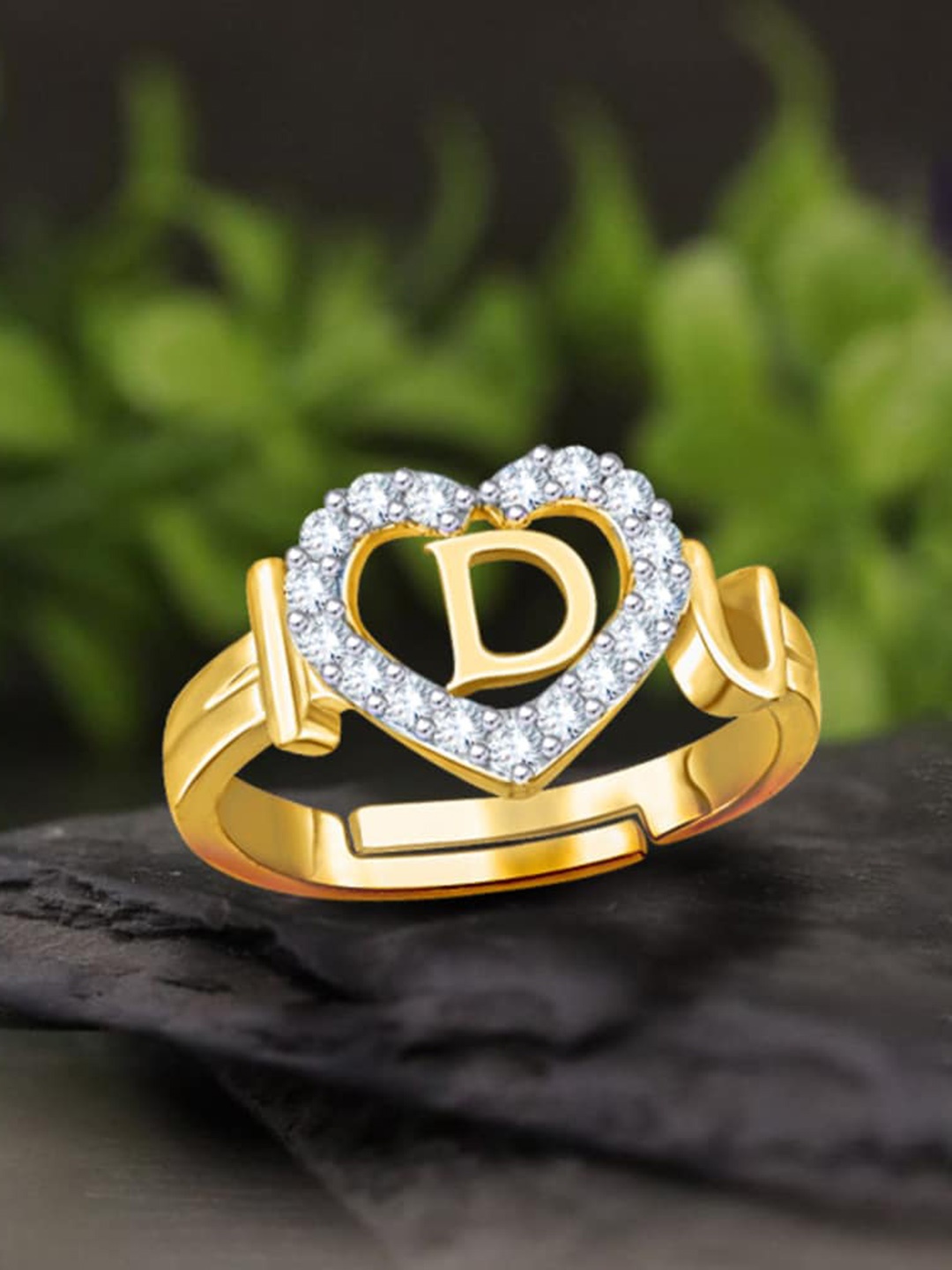 

MEENAZ Gold-Plated Stone-Studded Alphabet D Adjustable Finger Ring