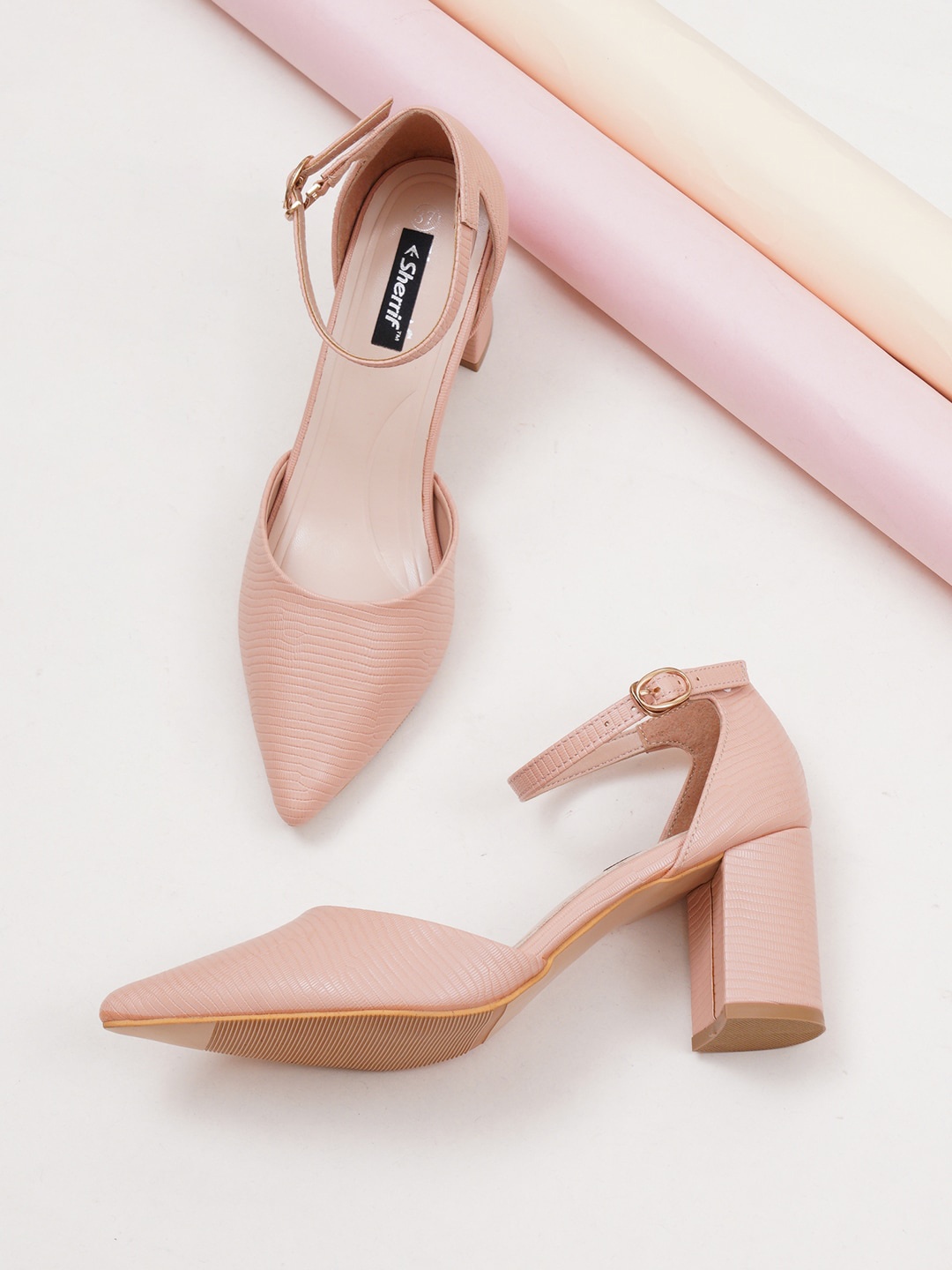 

Sherrif Shoes Nude-Coloured Party Block Pumps with Buckles